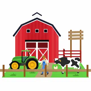 A farm scene with a barn, tractor, farmer, cow, chicken, and