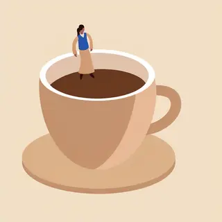 A tiny person standing on the rim of a coffee cup, looking d