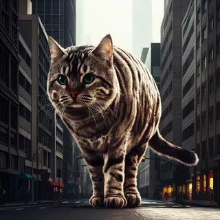 A giant tabby cat walking between city skyscrapers like a ka