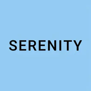 The word 'SERENITY' written large and centered on a solid li