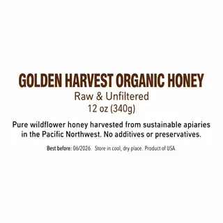 A product label for 'GOLDEN HARVEST ORGANIC HONEY' with subt