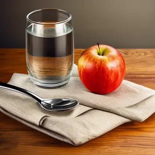 A still life on a wooden table featuring a clear glass of wa