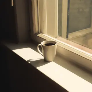 A coffee mug on a sunny windowsill casting a sharp shadow to
