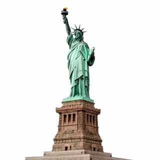 The Statue of Liberty on her island pedestal, with correct t