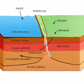 A cross-section showing tectonic plates at a convergent boun