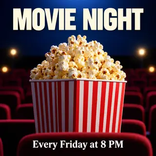 A movie night poster with a large popcorn image in the cente