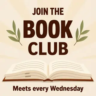 A book club poster with an open book illustration, the title