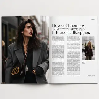 A fashion magazine spread with a full-bleed left-page photo,