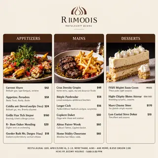 A restaurant menu layout with a logo header, three category 