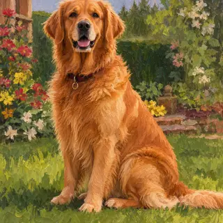 A golden retriever sitting in a garden, painted in the style