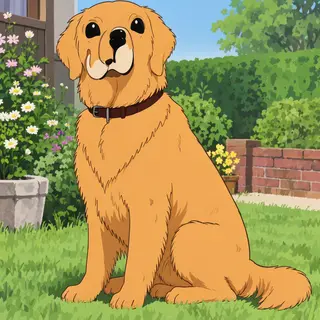 A golden retriever sitting in a garden, rendered in Japanese