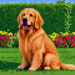A golden retriever sitting in a garden, rendered in pixel ar