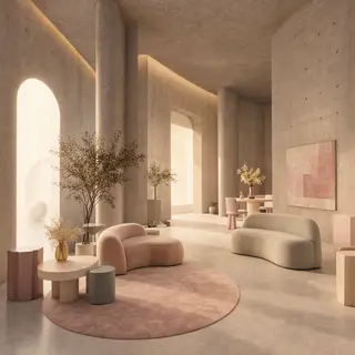 An interior scene rendered in soft brutalism — raw concrete 