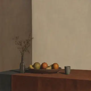 A still life painted in anxious minimalism — sparse composit