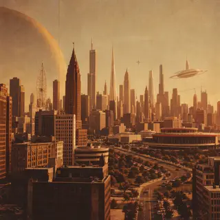 A cityscape rendered in nostalgic futurism — retro-futuristi