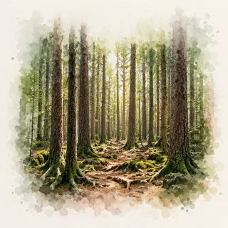 A forest rendered in photorealistic watercolor — the detail 