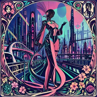A woman in a futuristic city rendered in cyberpunk Art Nouve