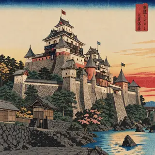 A medieval castle depicted in Japanese ukiyo-e woodblock pri