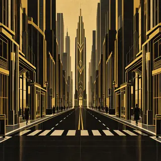 A city street scene in the style of Art Deco — geometric sha