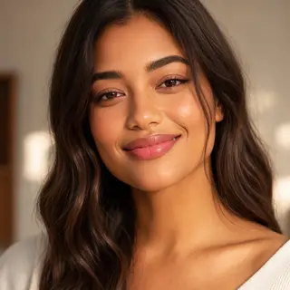 A close-up portrait of a young woman with a warm natural smi