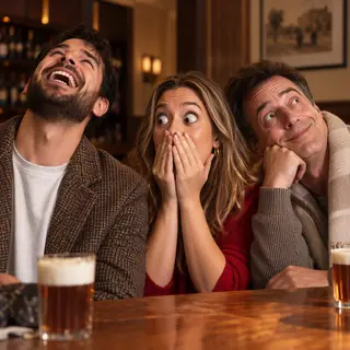 A group of three friends at a table: one laughing with head 