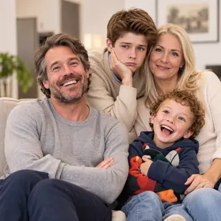 A family photo with four people: a father beaming with pride