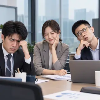 Three coworkers in a meeting: one looking frustrated with fu