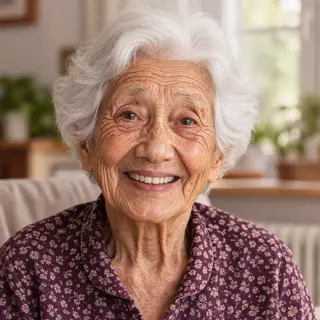 An elderly woman in her 80s with deep wrinkles and white hai