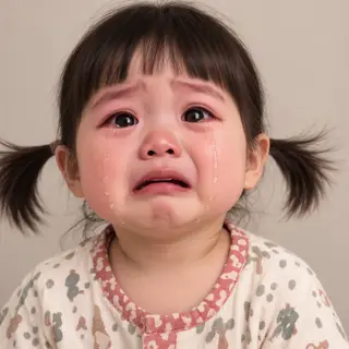 A 5-year-old child with round cheeks and large eyes, crying 