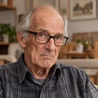 An elderly man in his 70s with age spots and thinning gray h