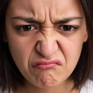 A close-up of a person's face showing clear disgust, nose wr