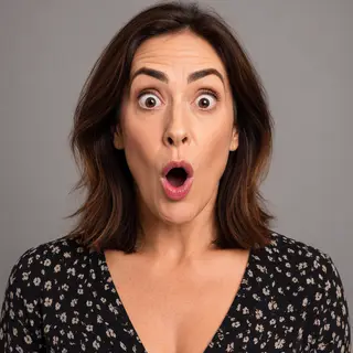 A portrait capturing genuine surprise — raised eyebrows, wid