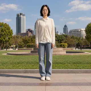 A person standing in a neutral pose in a park, full body vis