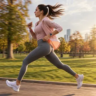 A woman mid-stride running through a park, hair and clothes 