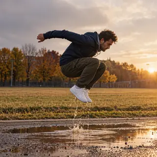 A man captured mid-jump over a puddle, body in the air with 