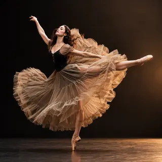 A dancer in a dynamic spin, dress flowing outward with one l