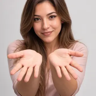 A woman holding her hands out in front of her palms-up, all 
