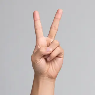 A person making a peace sign with their right hand, clearly 