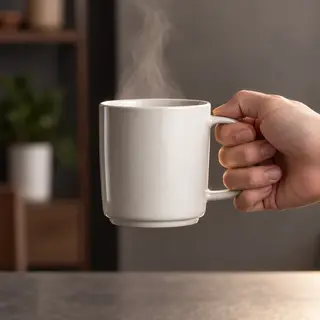 A person holding a white ceramic coffee mug by the handle wi