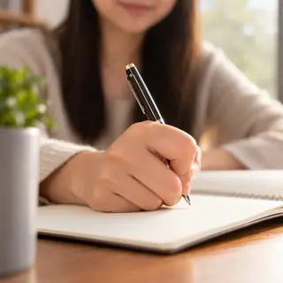 A woman writing in a notebook with a pen gripped correctly i