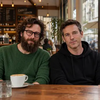 Two men at a cafe: one with a beard and glasses wearing a gr