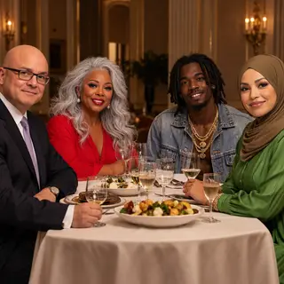 Four people at a dinner table: a bald man in a suit, a woman