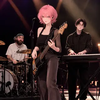 Three musicians on stage: a tall woman with short pink hair 
