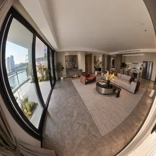A wide-angle shot of a modern living room interior showing e
