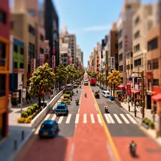 A tilt-shift photograph of a city street making real-life lo