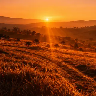 A landscape photograph bathed in golden hour light — long wa