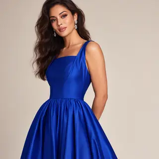A woman wearing a royal blue evening dress against a neutral