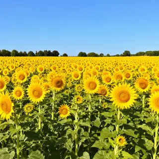 A field of pure sunflower yellow flowers under a clear blue 