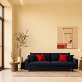 A minimalist room with walls in #F5E6CC (warm cream), a sofa