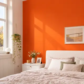 A bedroom wall painted in #FF6B35 (burnt orange) with white 